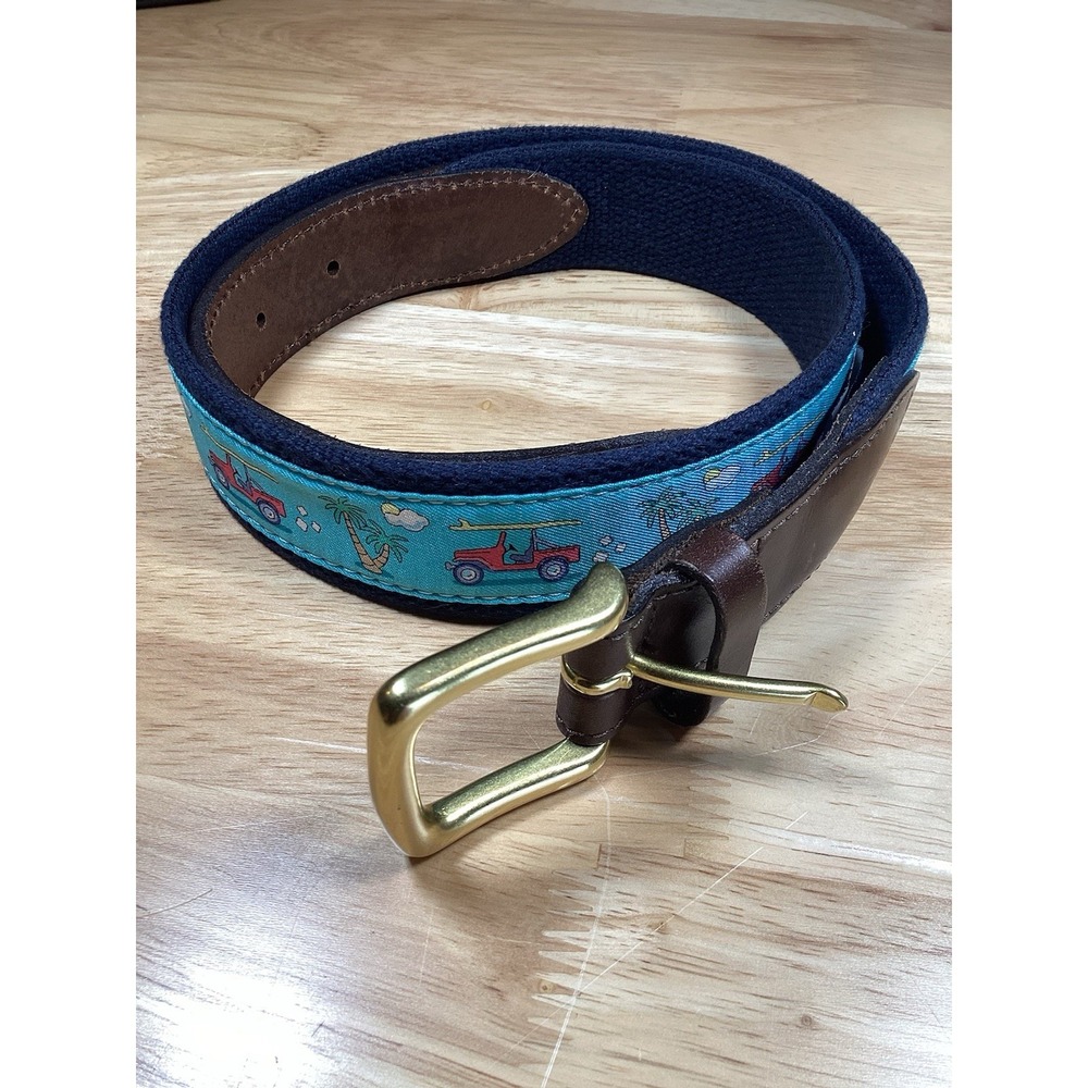 Vineyard Vines Teal Woven Jeep Print Belt with Brown Leather & Gold Buckle